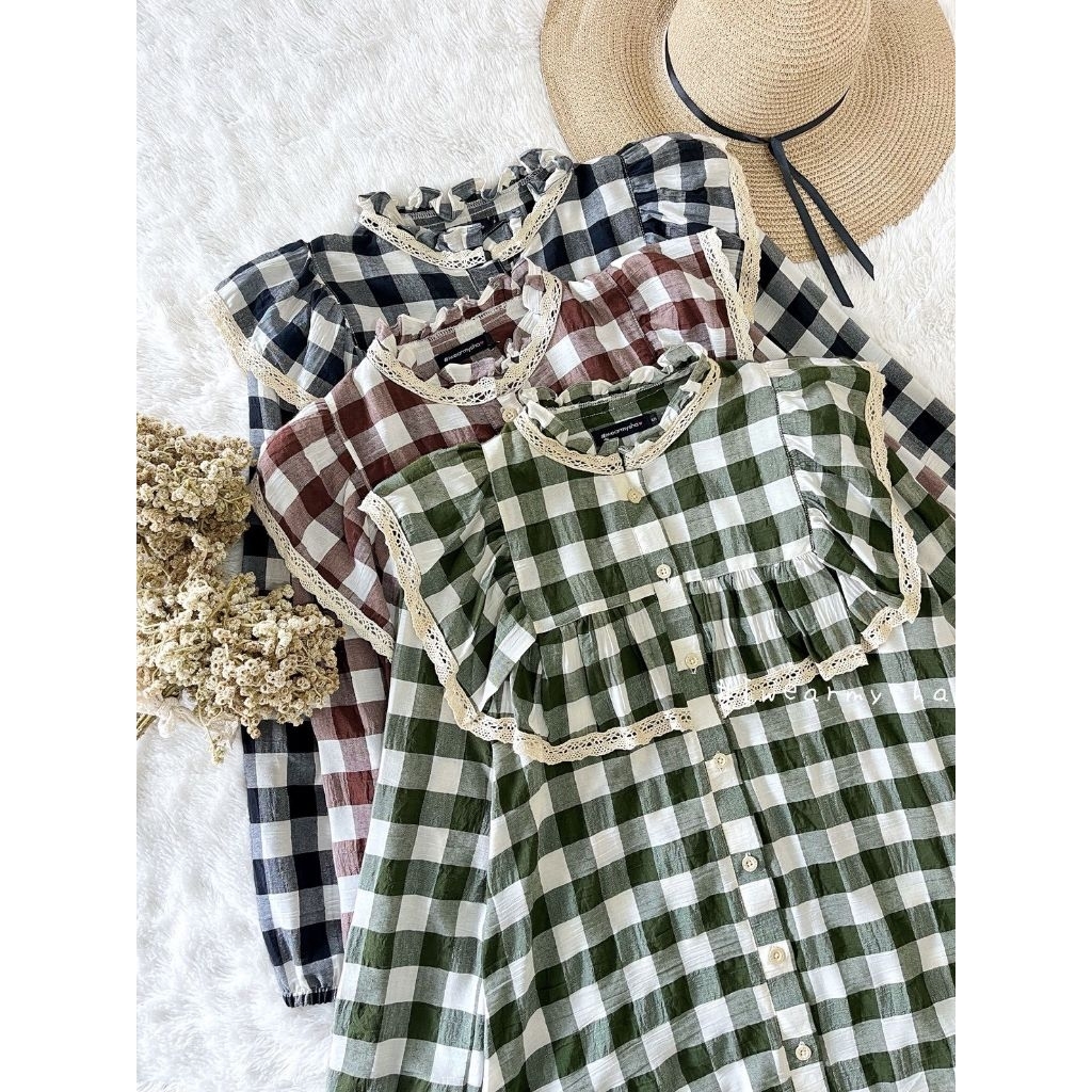 Mysha Iwearmysha RUFFLES BLOUSE  Motif Kotak Katun Adem Korean Style Premium  CHOCO