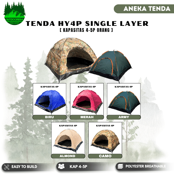 Tenda Camping Gunung HY Monodome Waterproof Single Layer 4P Tent Outdoor Frame Fiber