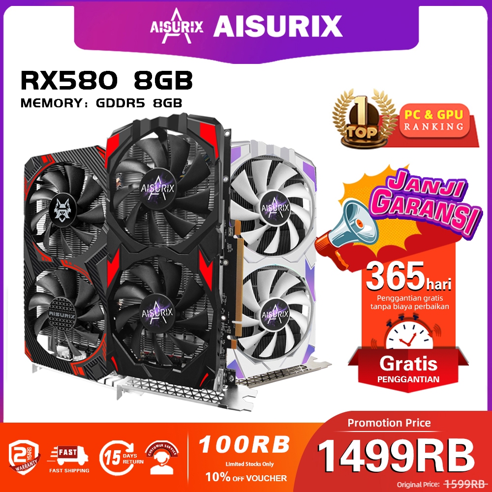 AISURIX VGA Card RX 580 8GB GDDR5 256Bit 2048SP HDMI PC Gaming AMD Radeon RX580 8G VGA