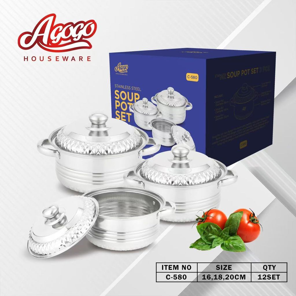 Panci Agogo Tutup Ukir set isi 3pcs / Soup Pot Set Stainless Tebal / Panci Masak / Panci Sup Stainle