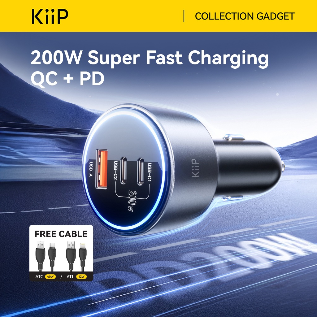 KiiP ACC18 Car Charger Mobil 200W 3 Power Ports QC 4.0 Quick Charge 3.0 Fast Charging