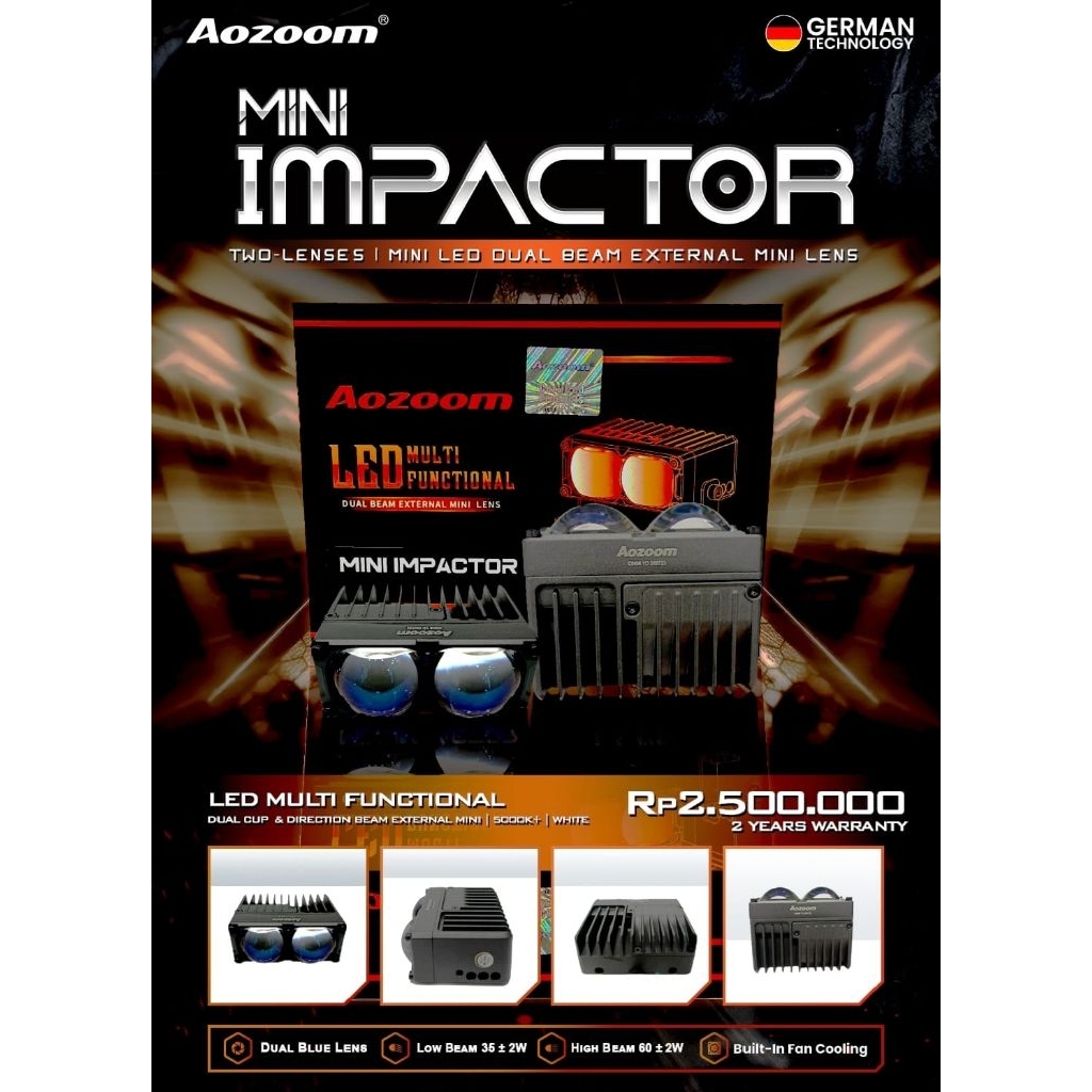 Mini Projector 2 Lensa Aozoom Mini Impactor. cahaya Seperi Biled headlamp