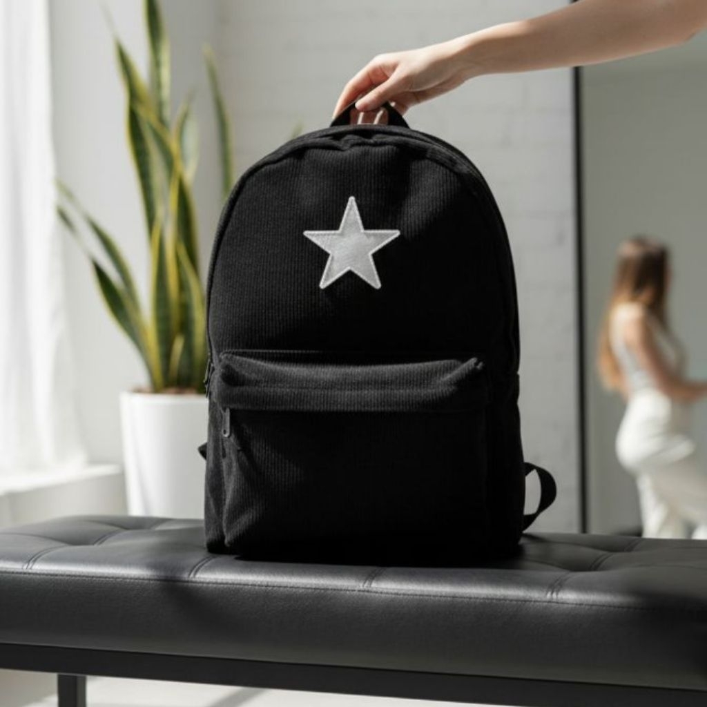 ​[BEST SELLER] Tas Ransel Aesthetic Korea Korduroi Black UnisexTas Ransel Korduroi Hitam Patch Binta