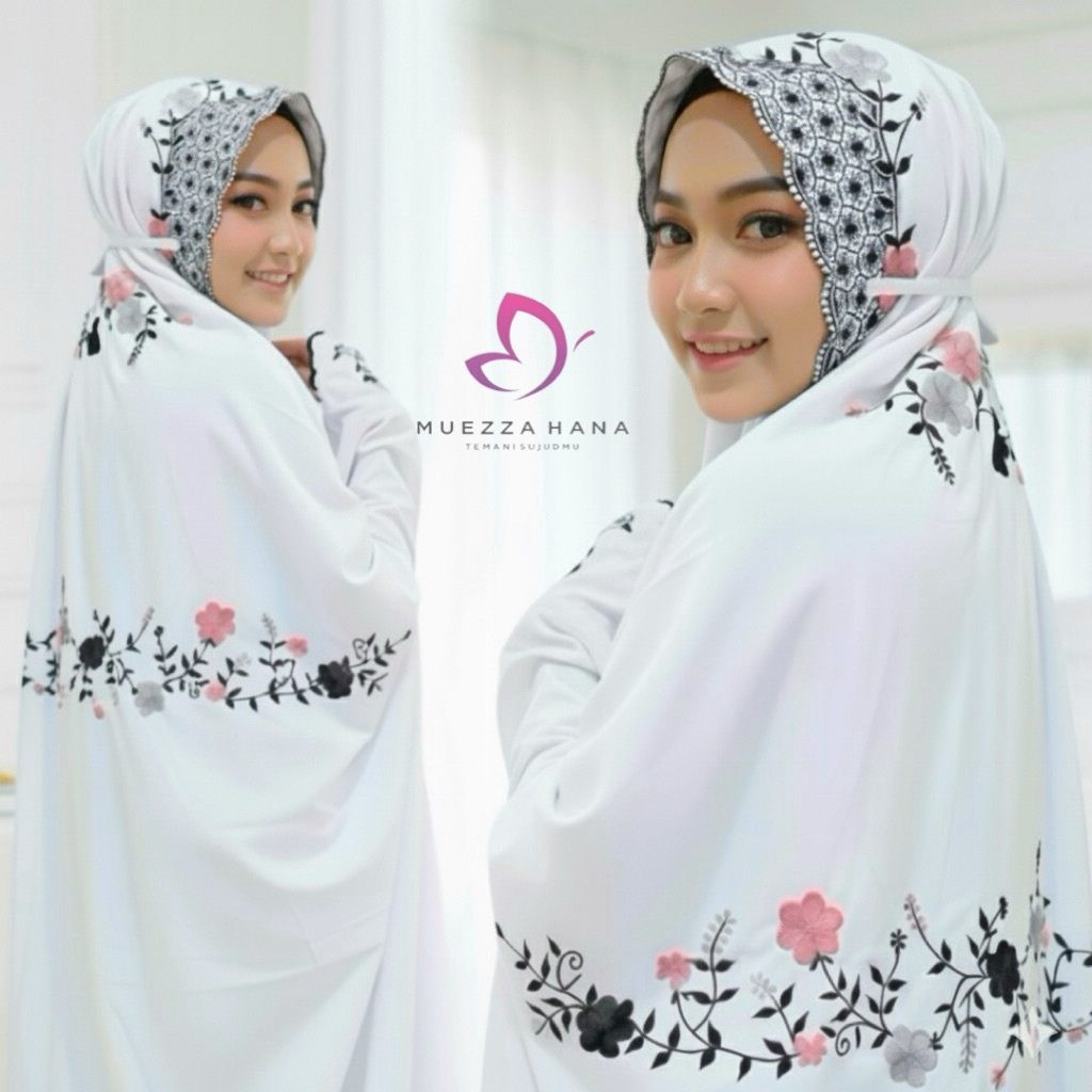 Mukena Terusan Putih Bordir Bunga Hitam Mewah – Telekung Langsungan Lajuran Katun Polino Mikro Tebal