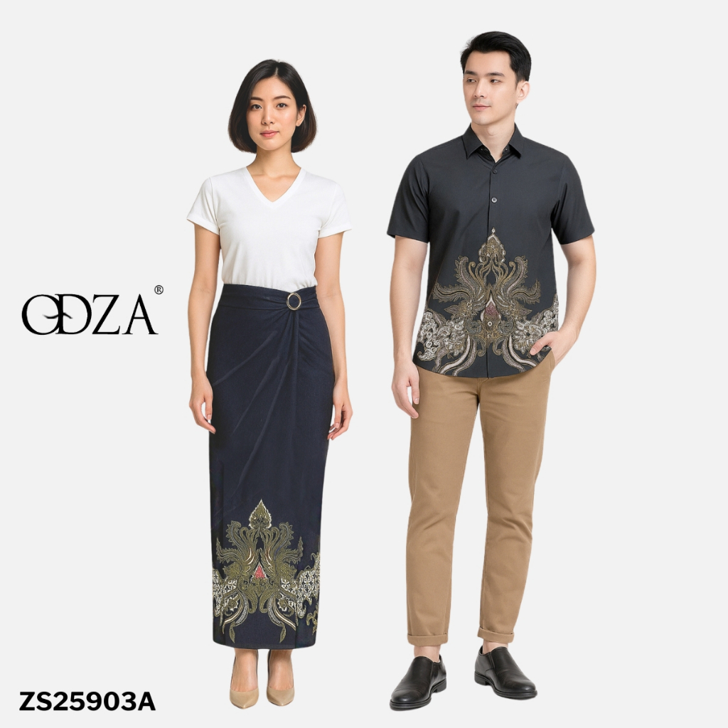 Set Kemeja Rok Lilit Batik Couple Pria Wanita Lengan Pendek Kebaya Jumputan Abu-abu Naratama