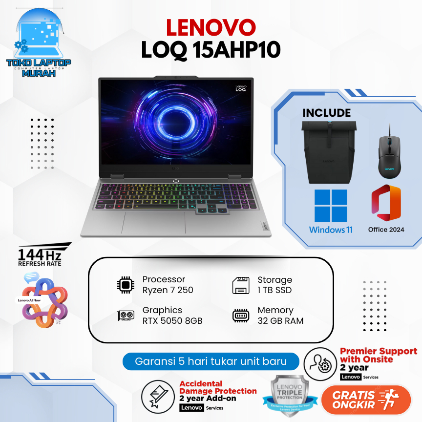 Lenovo LOQ 15 Ryzen 7 250 RTX 5050 | RAM 32GB | SSD 1 TB | 144Hz | Garansi Resmi Lenovo