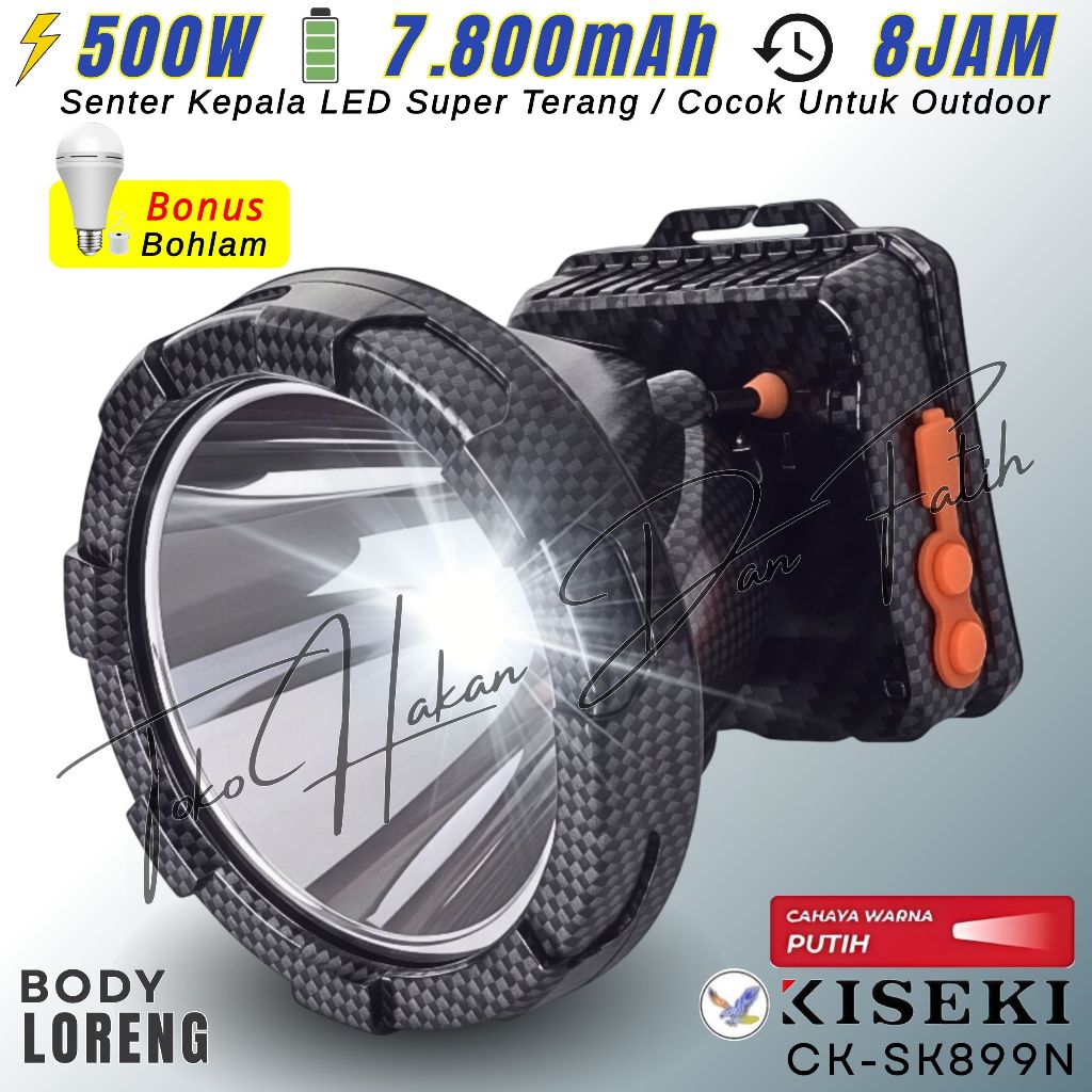 Terbaru~Senter kepala LED KISEKI CK-SK899N , Daya 500wat , Baterai 7800mAh , Tahan 8jam , Free Lampu