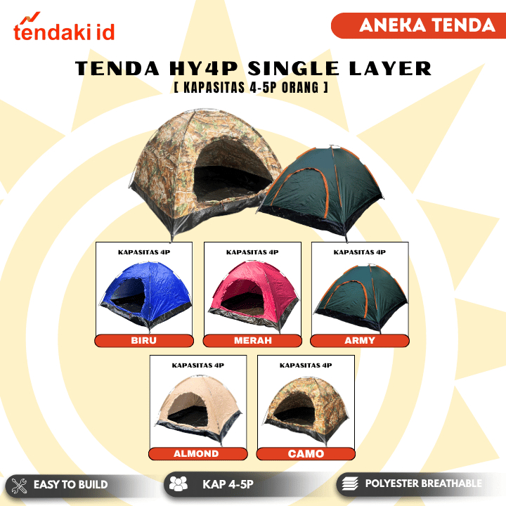 Tenda Camping Gunung HY Monodome Waterproof Single Layer 4P Tent Outdoor Frame Fiber