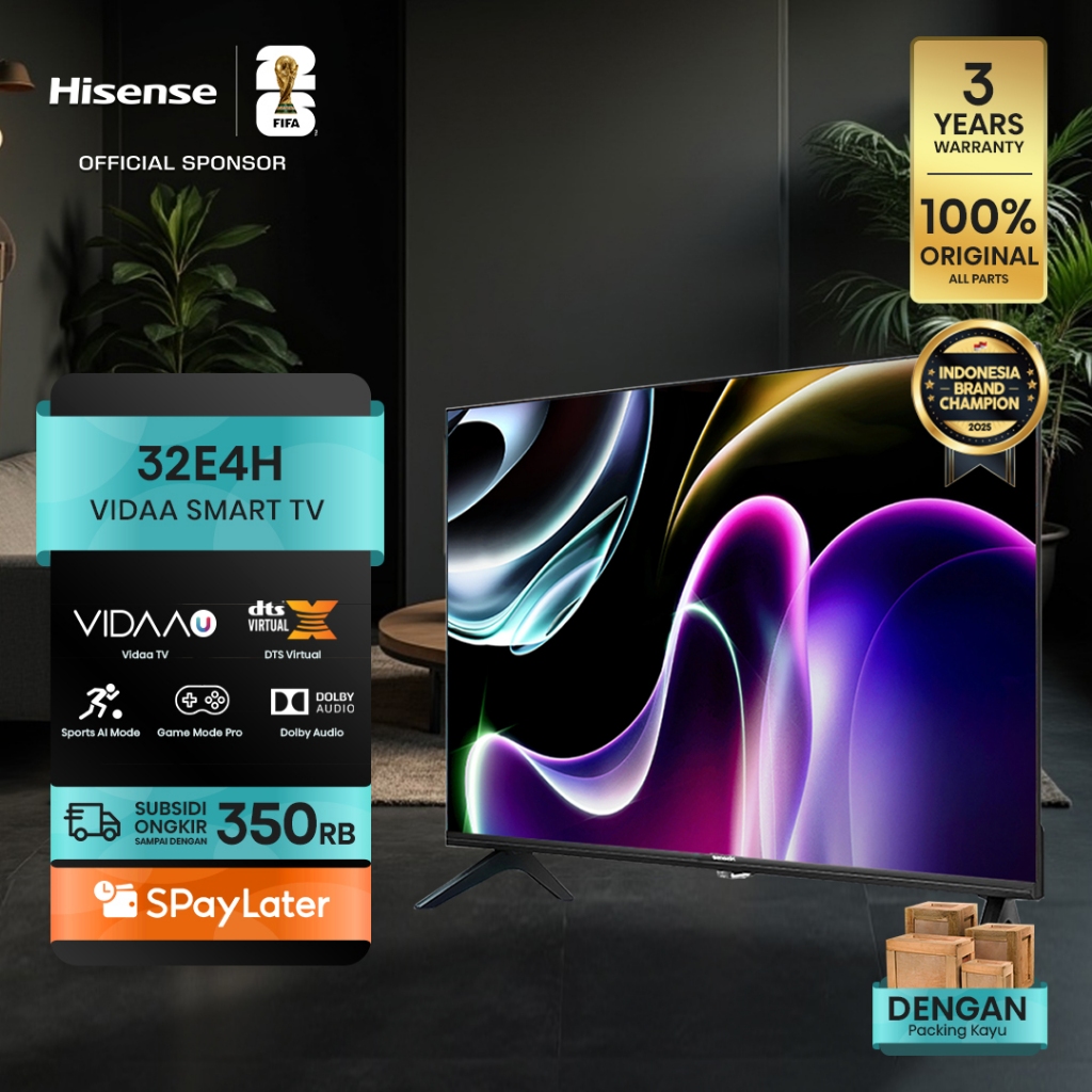 (PACKING KAYU) Hisense TV 32E4H Vidaa Smart Digital TV 32 inch HD Desain Bazelles DTS V X & Dolby Au