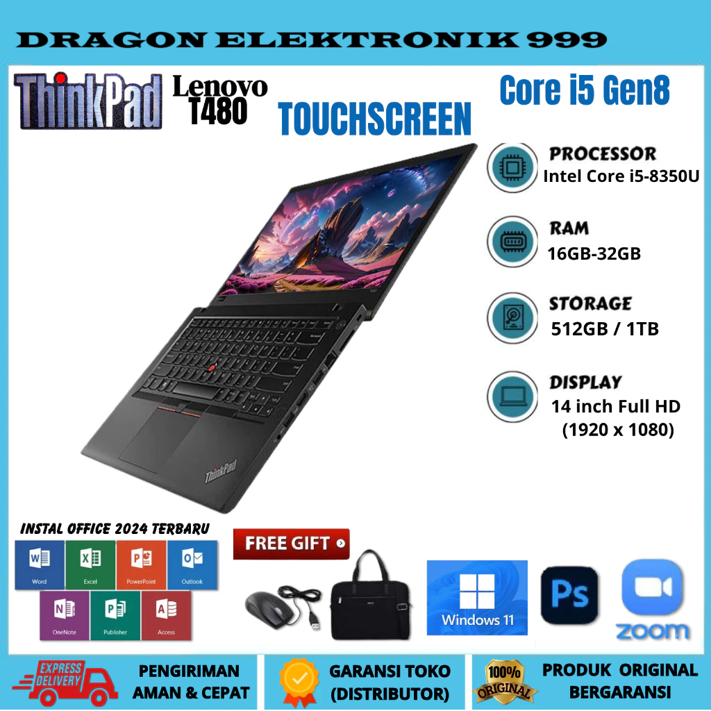 LAPTOP LENOVO THINKPAD T480 i5 Gen8 TOUCHSCREEN RAM 32GB / 1TB FREE TAS DAN MOUSE