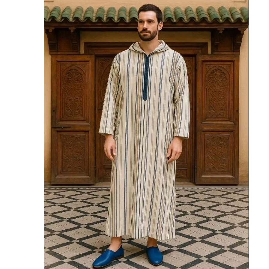 Djellaba.id Gamis Umroh Baju Muslim Jubah Sholat Hoodie Jalabah Kapucong Maroko Pria Flanel Salur Na