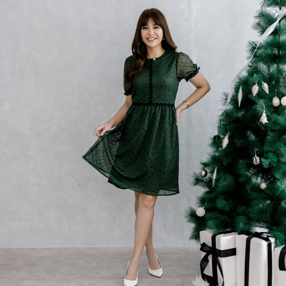 COME Lace Broderie Dress 218 (2 Warna) - Baju Terusan Wanita Kasual Semi Formal Natal Gereja Holiday
