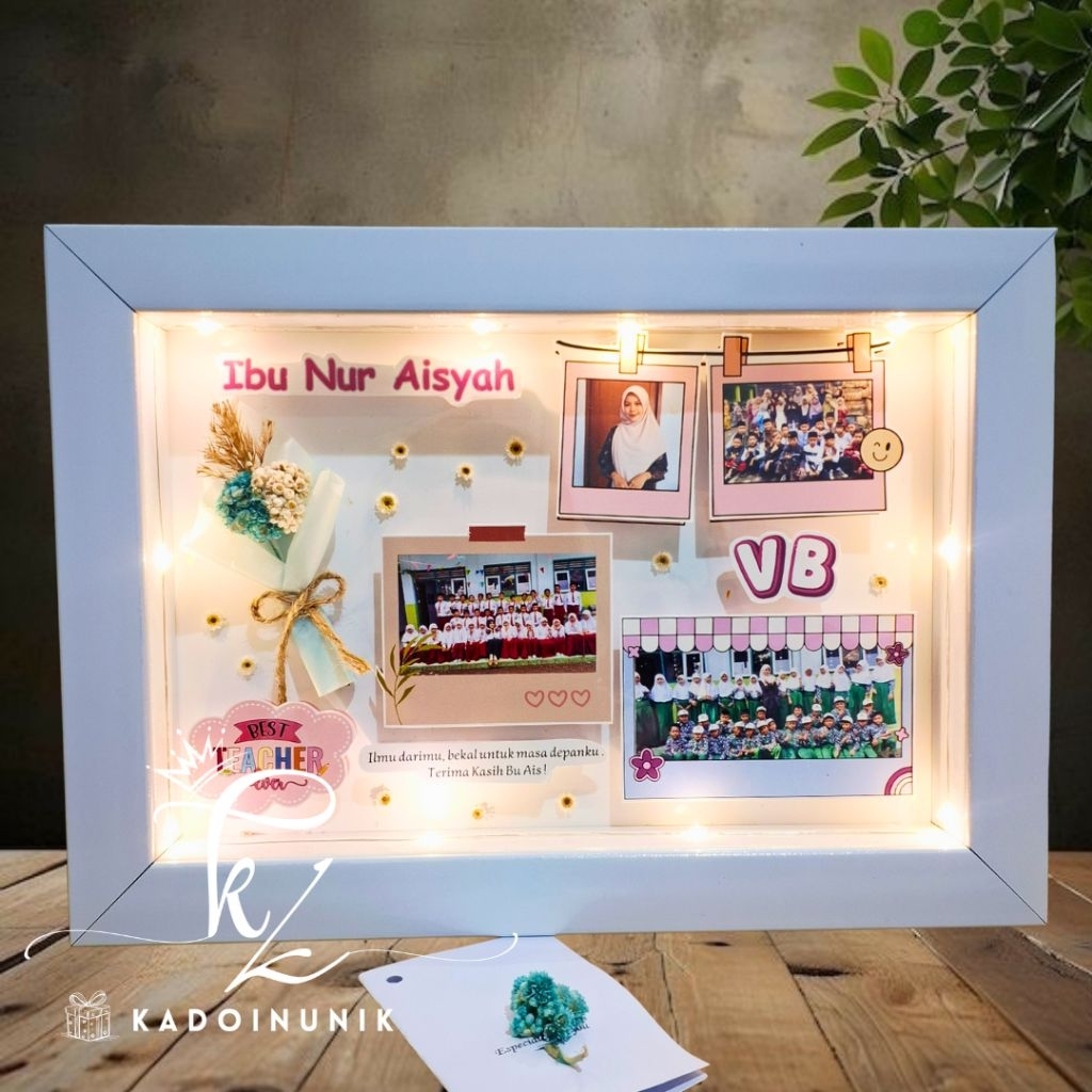 kadoinunik | kado guru timbul A4(20x30) led 3D dried flower bingkai 3D, hadiah hari guru, hadiah tea