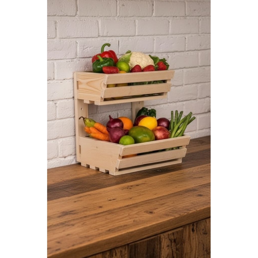 Rak keranjang buah/bumbu 2 susun serbaguna dari kayu