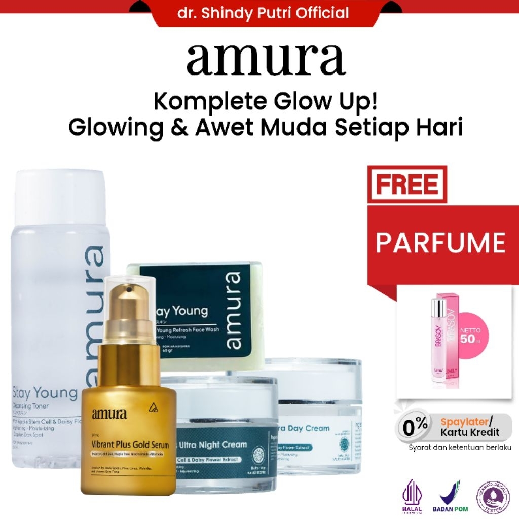Amura Paket Komplit Lembap dan Cerah | Toner, Face Wash, Gold Serum, Ultar Day/ Night Cream