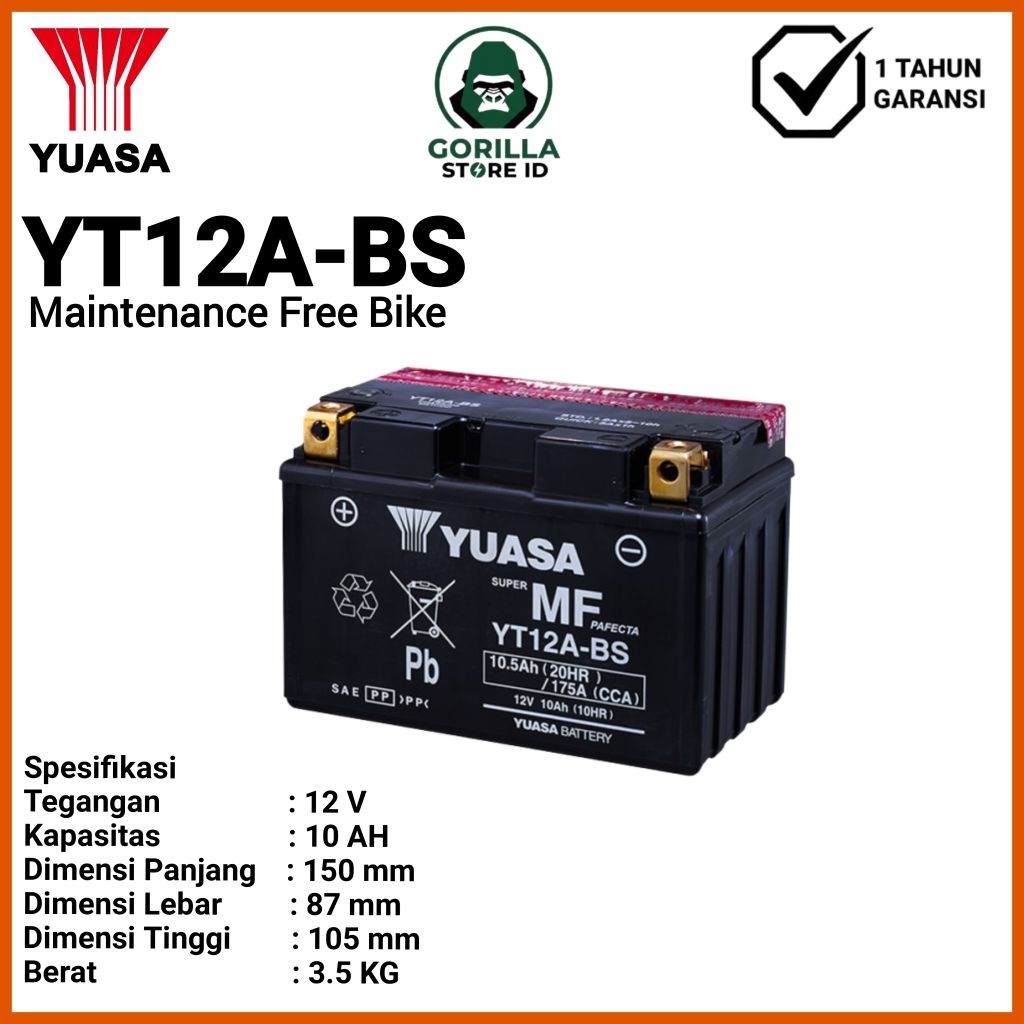 Baterai Aki YUASA Maintenance Free Bike 12V 10AH  (YT12A-BS)