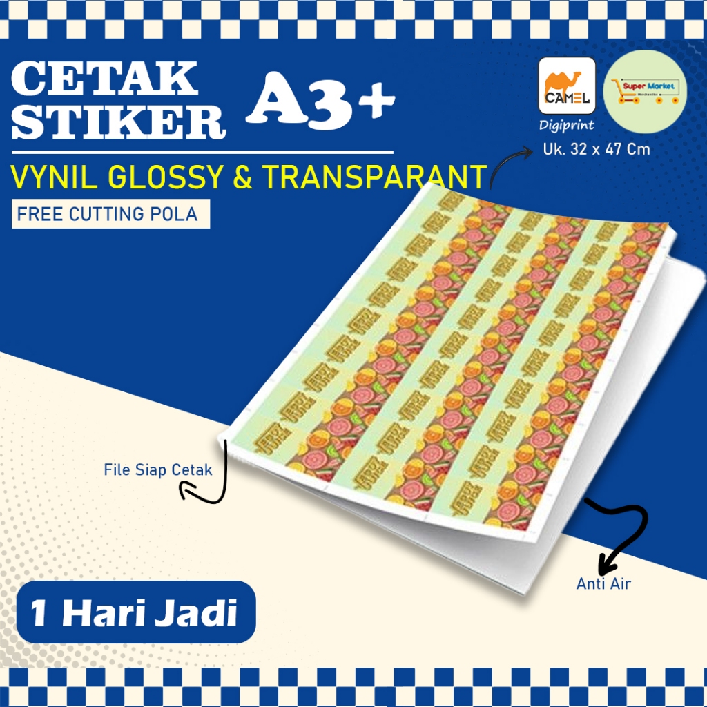[1 HARI JADI] Cetak Stiker A3+ Vinyl Glossy Transparan Plus Cutting / Jasa Bikin Sticker A3 Glossy K