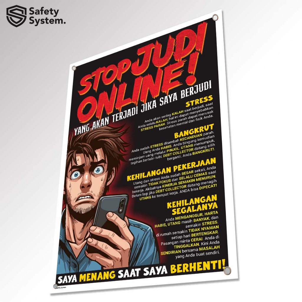 Spanduk banner K3 safety keselamatan kerja safety K3 bahaya dan akibat berjudi bagi diri sendiri dan