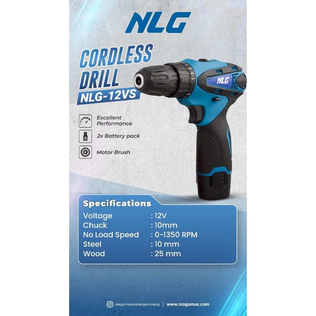 Cordless Drill Set NLG 12VS Bor Kayu 10mm Bor Baterai 12VOLT Bor Baterai Baja Kayu NLG12VS