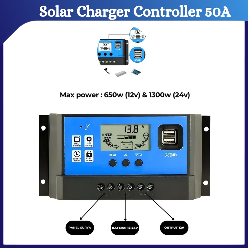 Solar Charger Controller 50A LCD LED Display Solar PWM USB Solar Panel Charge