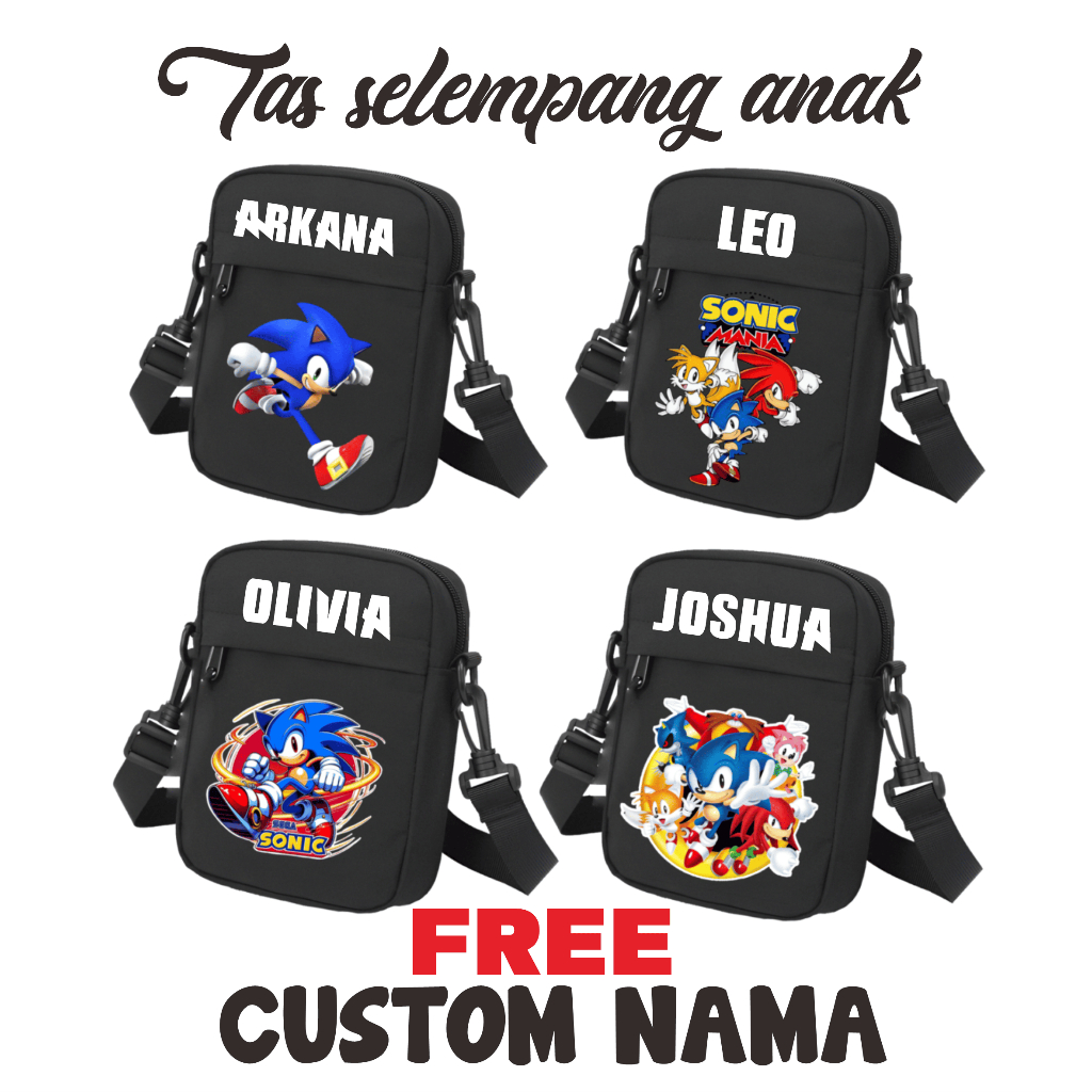 tas selempang karakter sonic warna hitam terbaru free custom nama