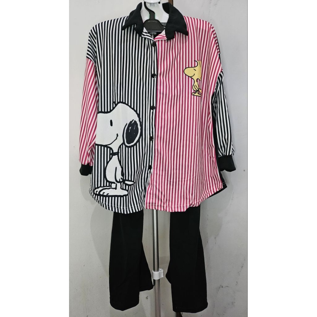 Set Kemeja Snoopy Garis Lengan Panjang-Baru
