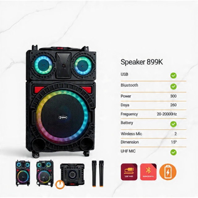 Speaker Aktif GMC 899K 15 Inch – Bluetooth, USB, Radio & Karaoke  Power 300 W Gratis 2 Mic