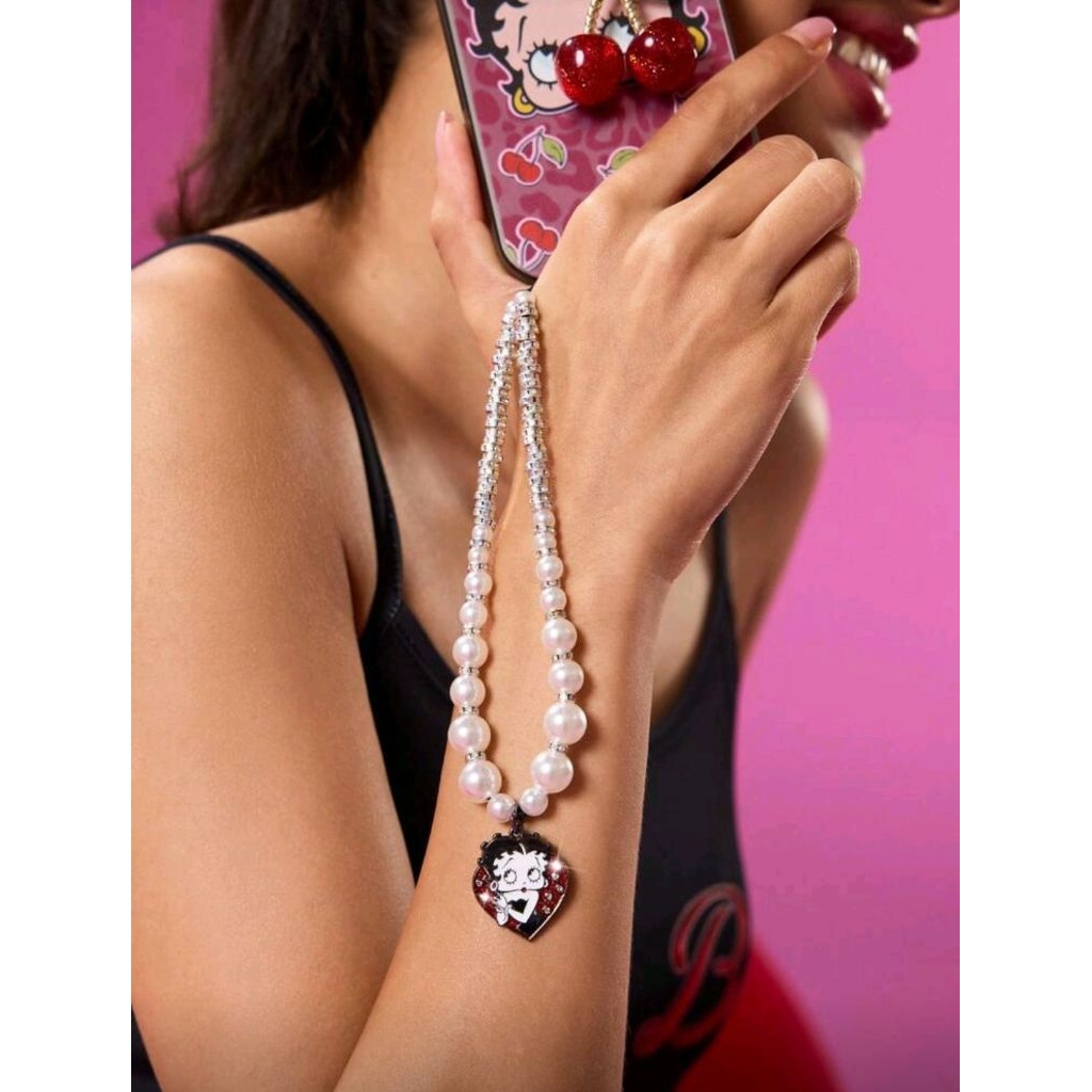 Betty Boop x SHEIN Stylish Sweet Lady Artificial Crystal Artificial Pearl Mobile Phone Lanyard Handm