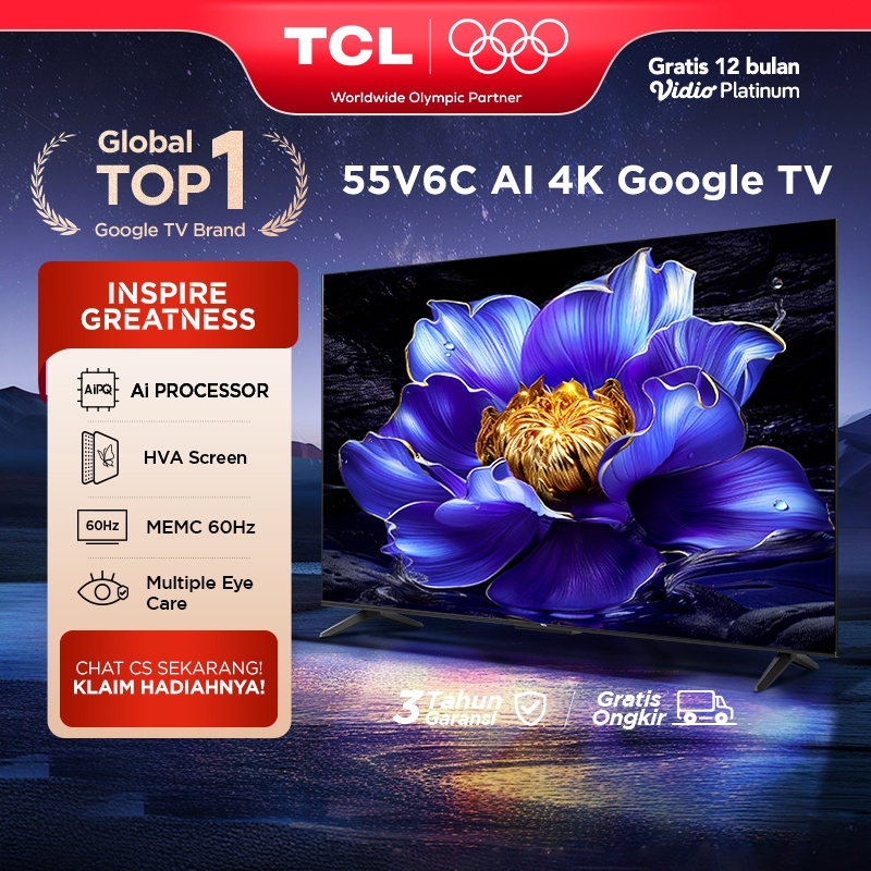 TCL AI 4K Google TV 55 inch V6C - MEMC - HDR 10 - HVA Panel - Dolby Audio - Google Play/Netflix/Yout