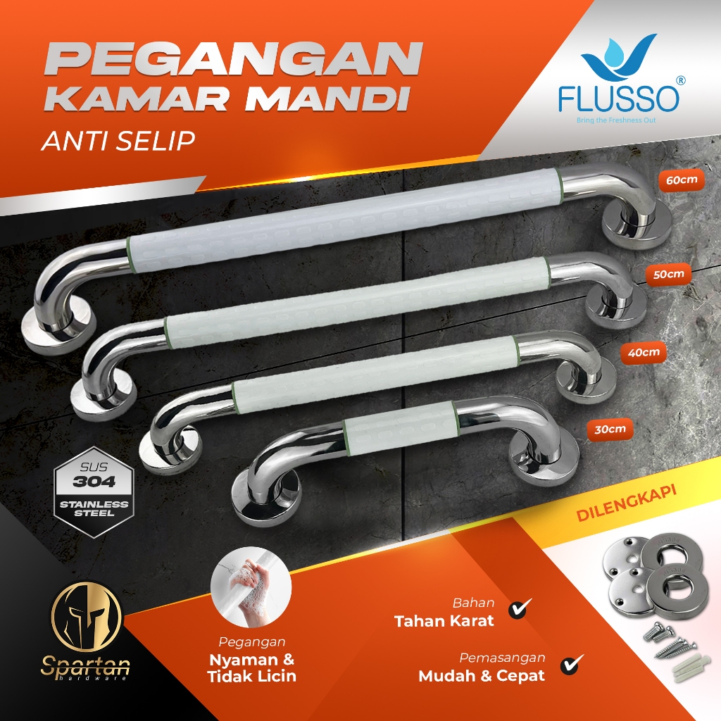 Flusso Handle Kamar Mandi Pegangan Bathtub Gagang Grab Bar Kloset Stainless Anti Slip 30 40 50 60 cm