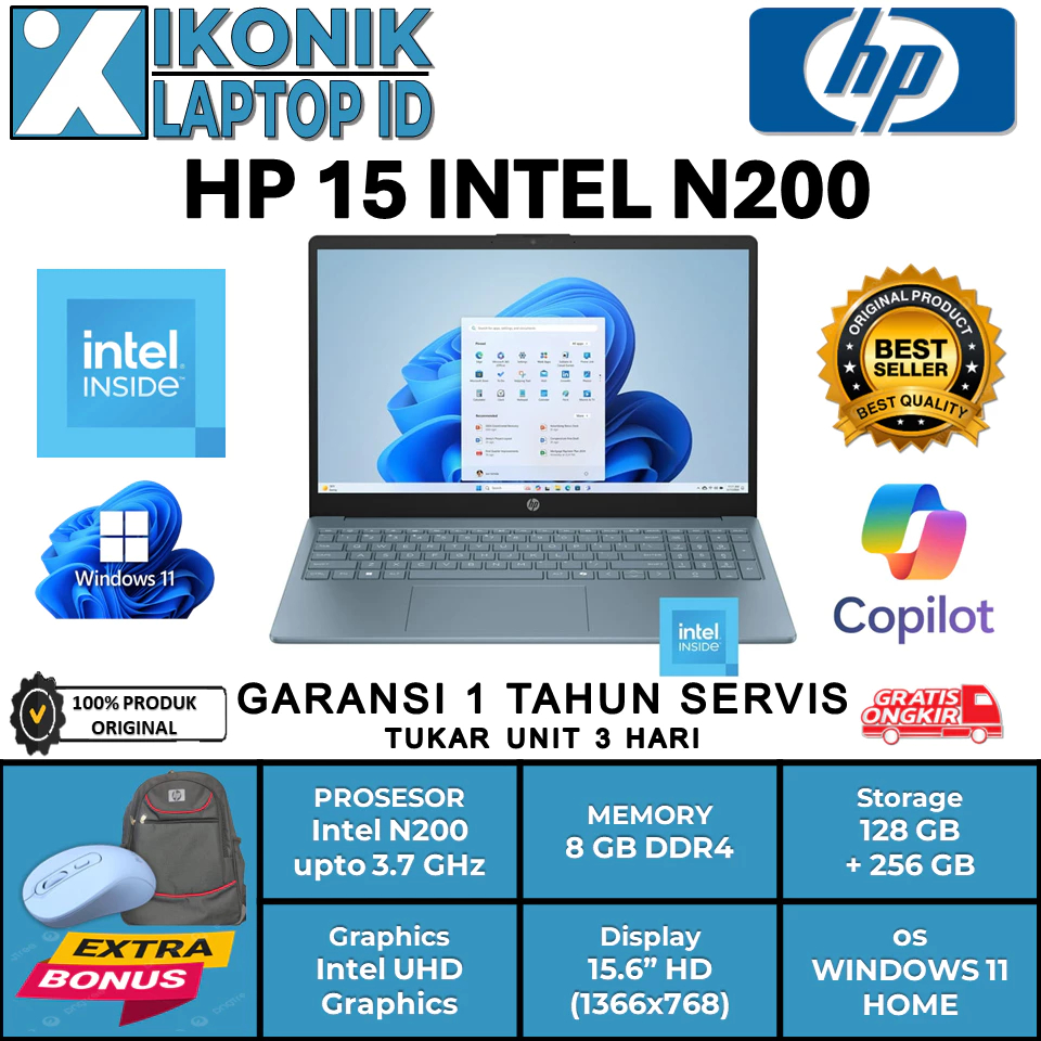 Laptop BARU 2025 HP 15 Intel N200 Ram 8 GB Layar 15 Inc Window 11 Original
