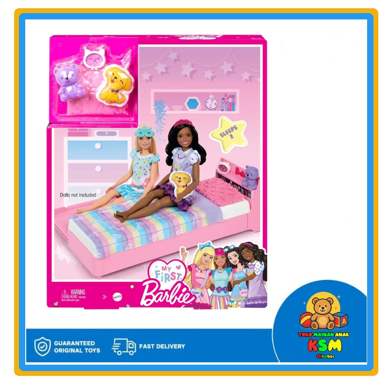 Barbie My First Bedtime Playset HMM64 – Set Tempat Tidur Anak Usia Dini dengan Aksesori & Boneka Anj