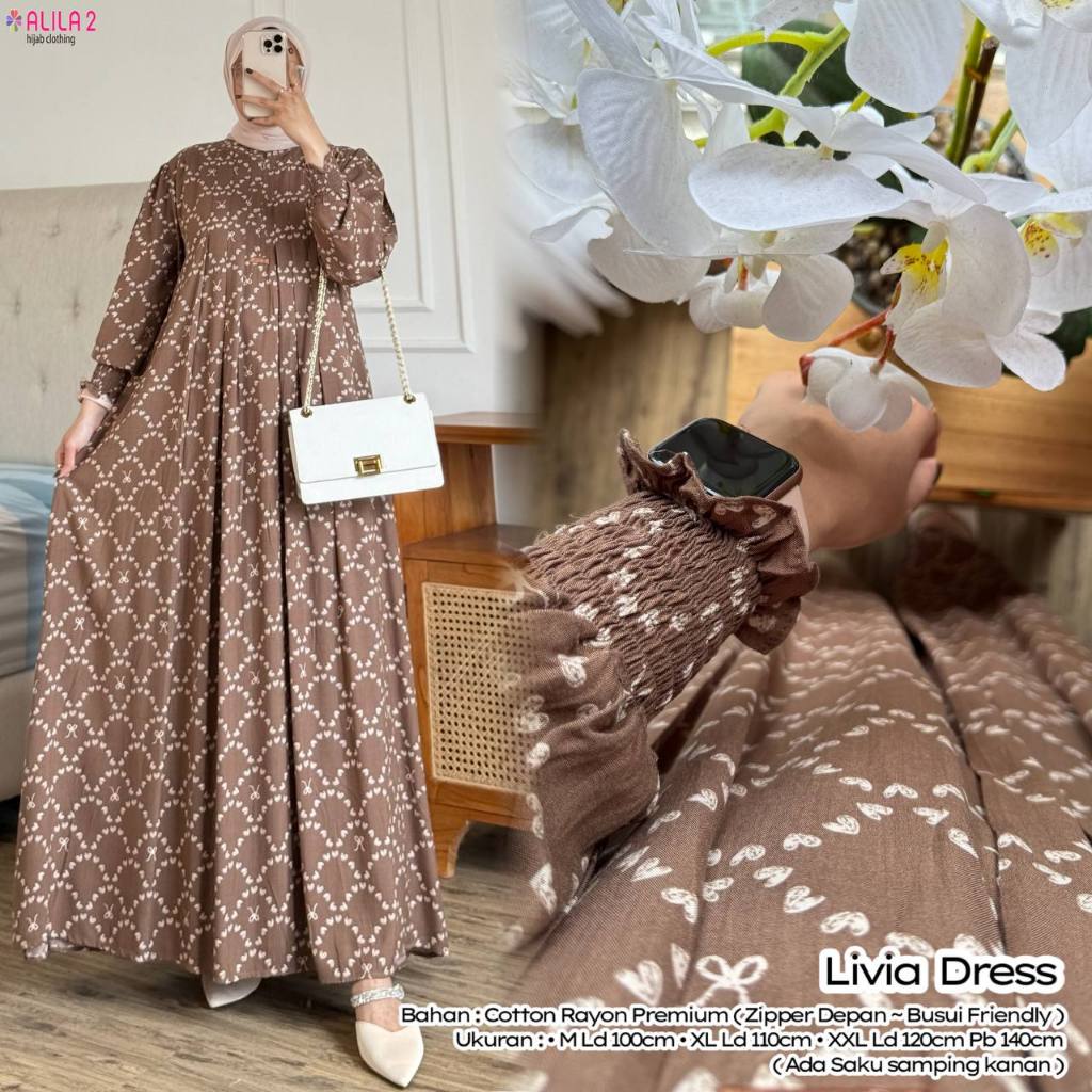 Livia Dress Original Cotton Rayon Premium Gamis Wanita Livia Alila Zipper Depan Size M-XL-XXL-4L