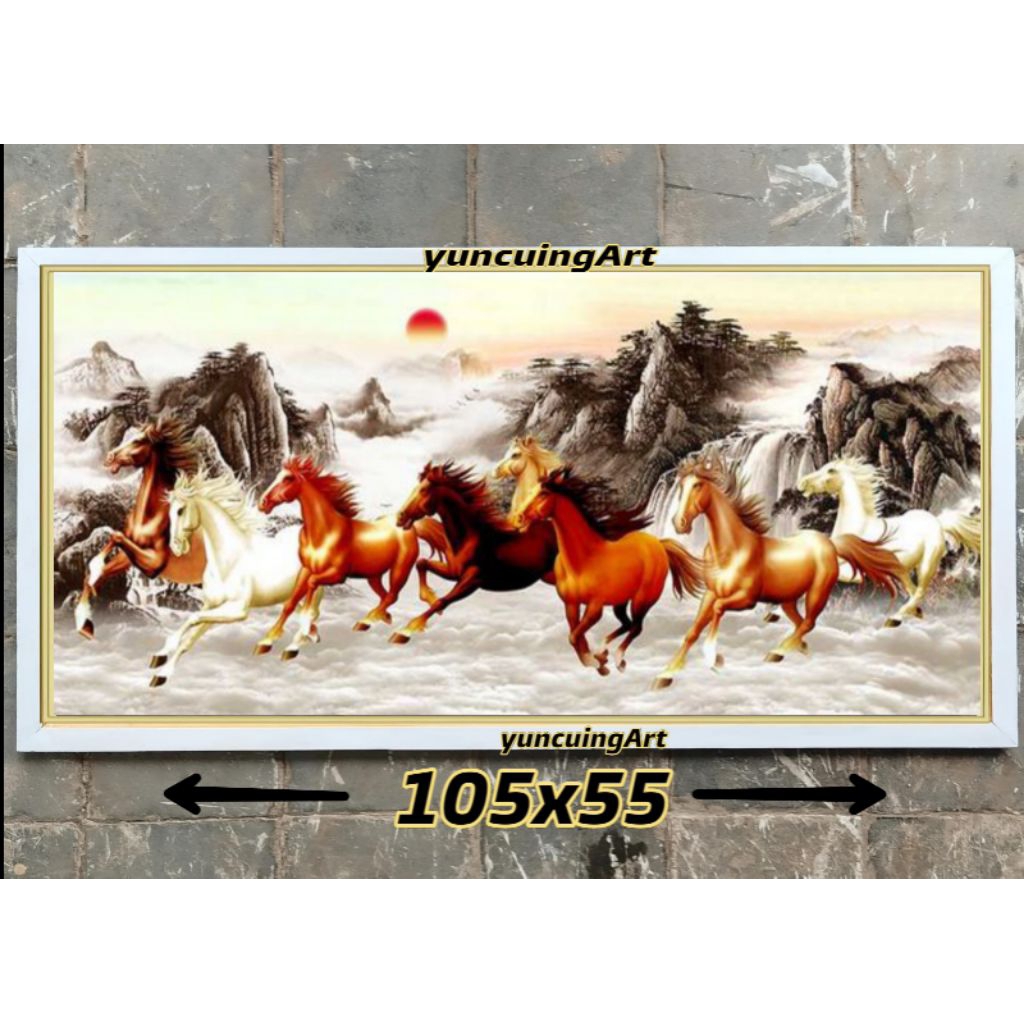 hiasan dinding lukisan cetak kuda 8 berlari plus bingkai ukuran 95*50