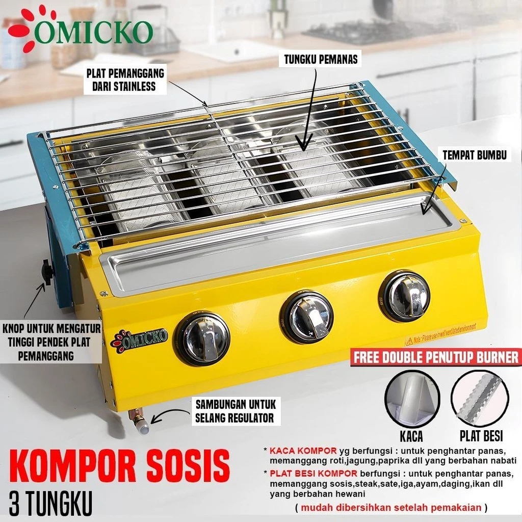 Kompor Sosis Panggang 3 Tungku Omicko - Pemanggang Sosis, Ayam, Daging, Kompor Serbaguna