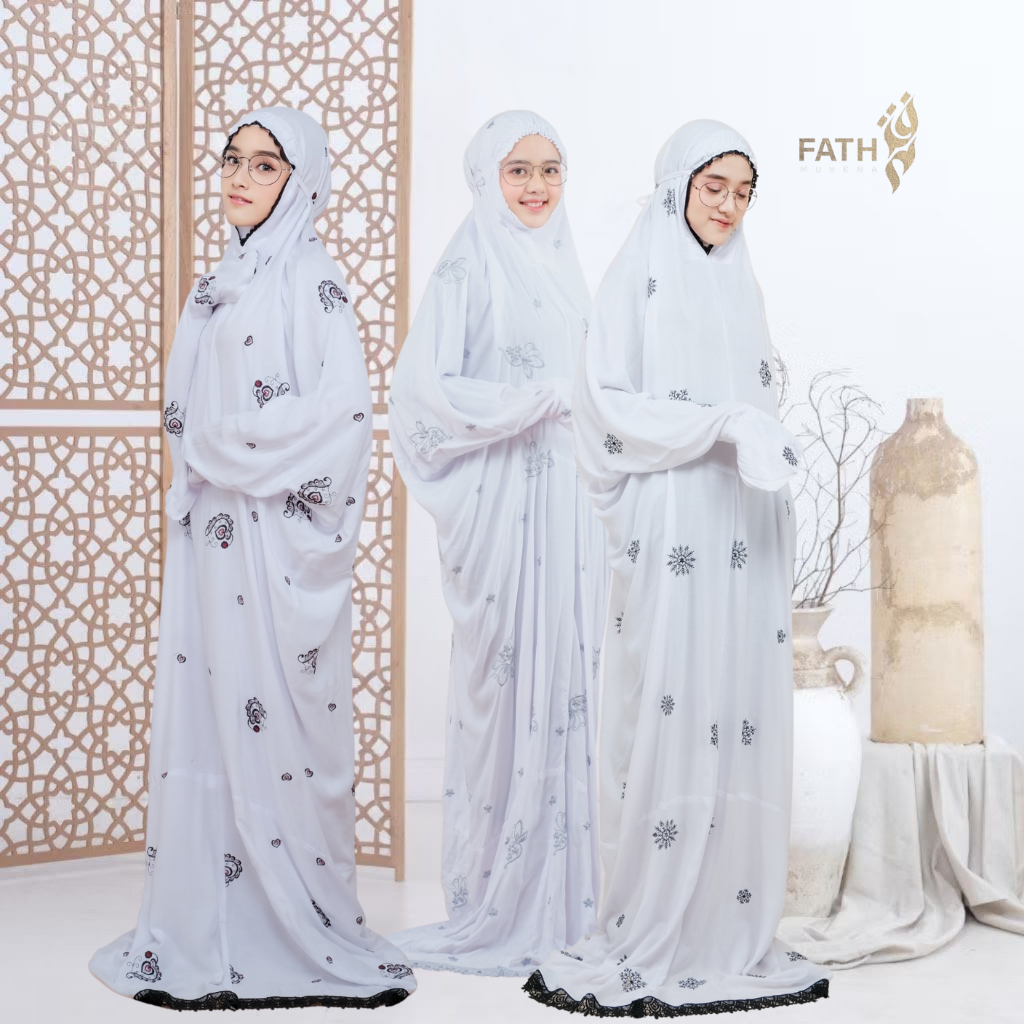 FATH - Mukena Terusan Dewasa Putih Mukenah Lajuran Bordir Mukena Langsungan Jumbo