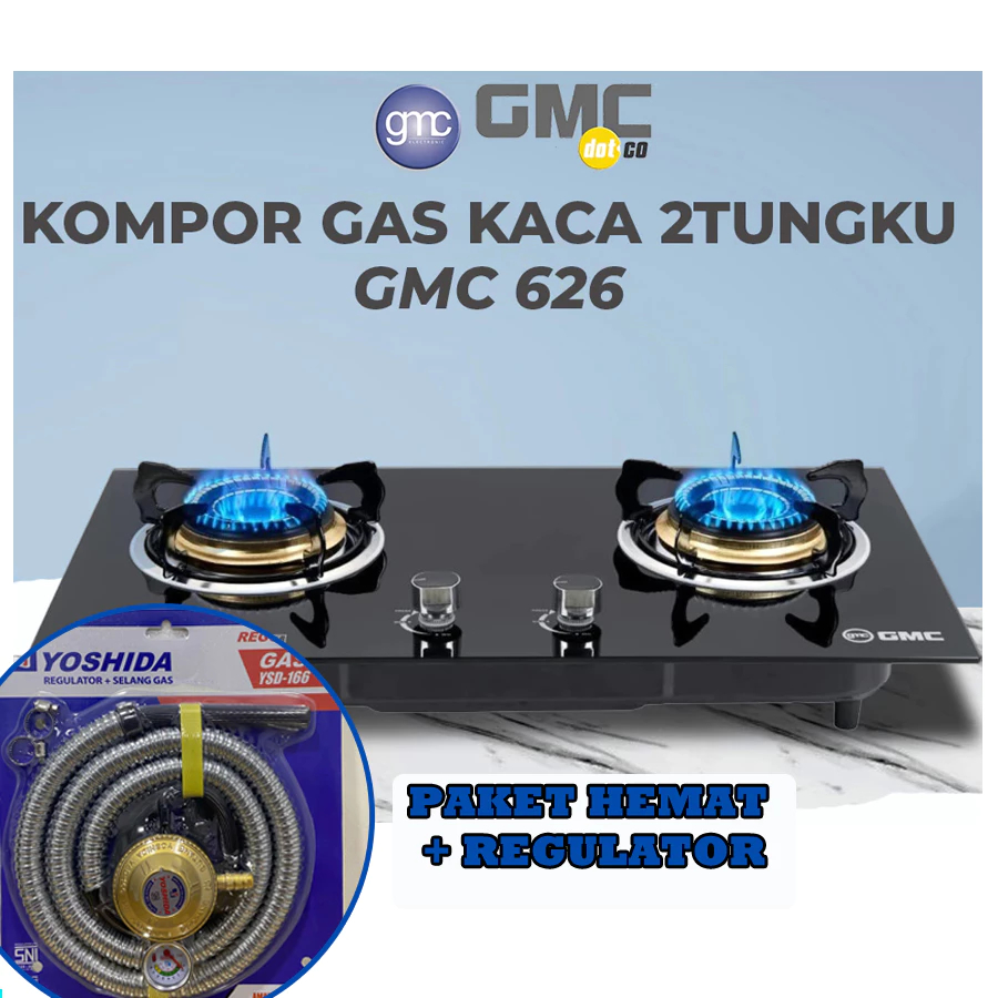 PAKET KOMPOR GAS + SELANG + REGULATOR GMC KOMPOR TANAM KACA 2 TUNGKU 3 TUNGKU TEMPERED GLASS