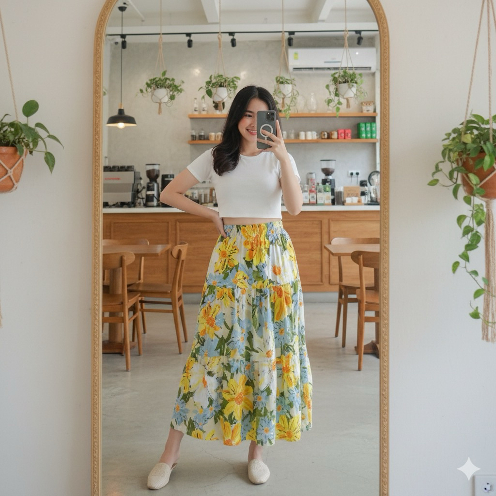 Rok Motif Bunga Flowy Gardenia Korean Stayle Rok Wanita Panjang Korean Stayle