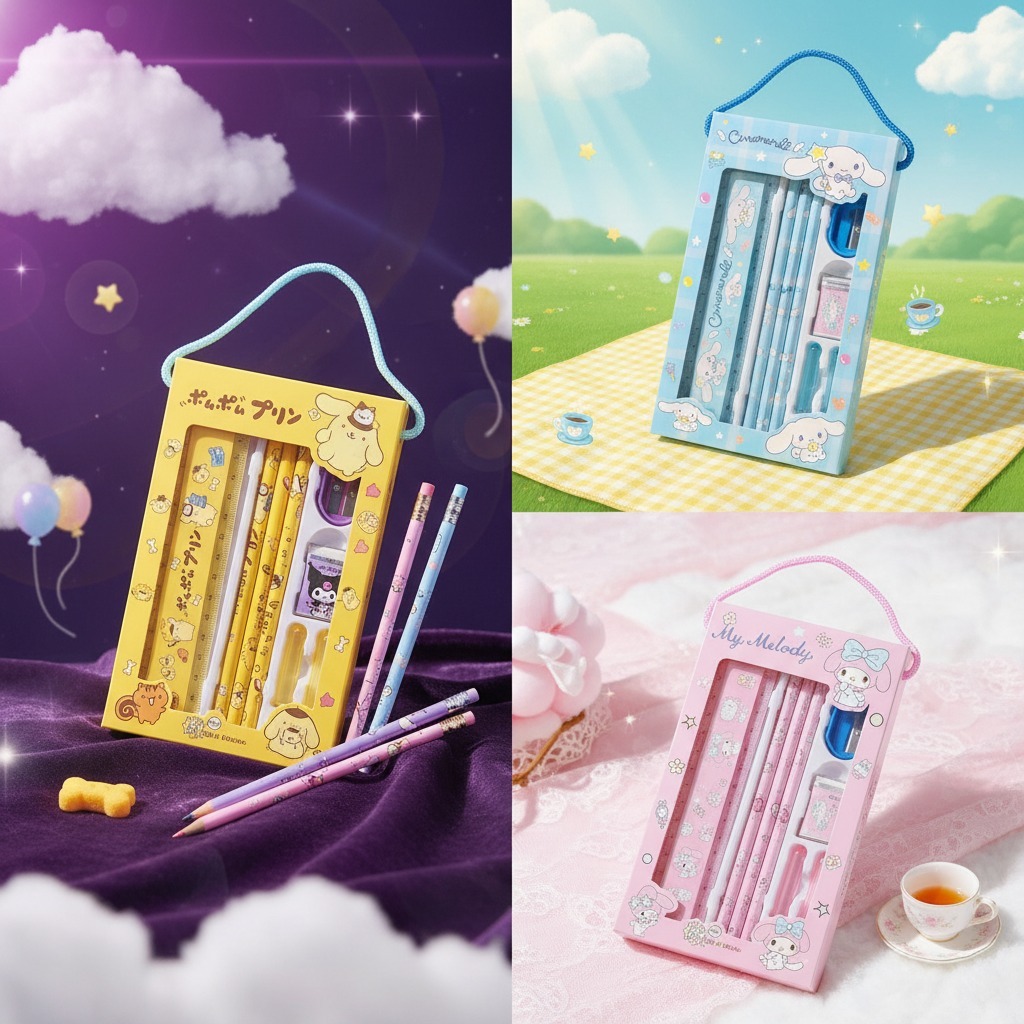 5in1 Pastel Kawaii Character Style Stationery Set – Alat Tulis Lucu Aesthetic untuk Sekolah, Hadiah 