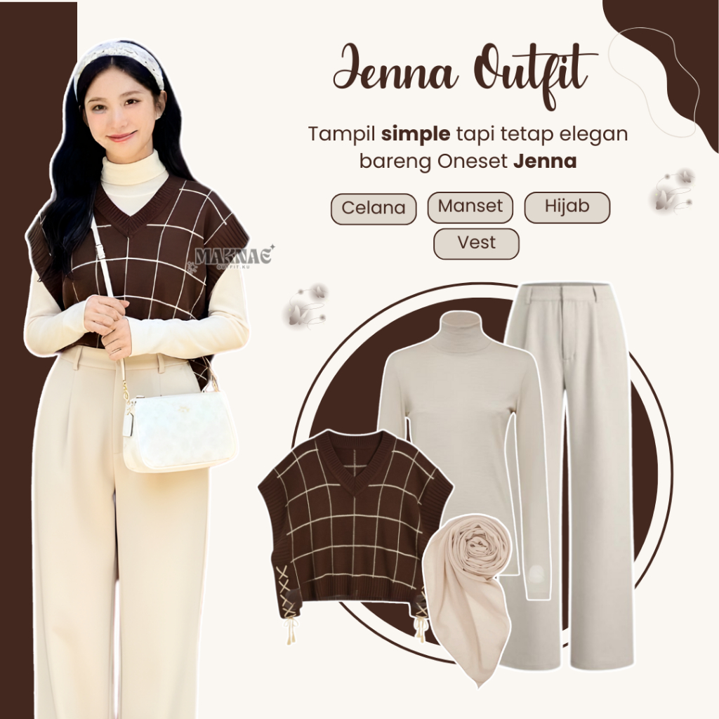 Outfit Korea Style Hijab One Set Wanita ( Jema Vest Rajut - Celana Knit Loose Pants - Manset - Jilba