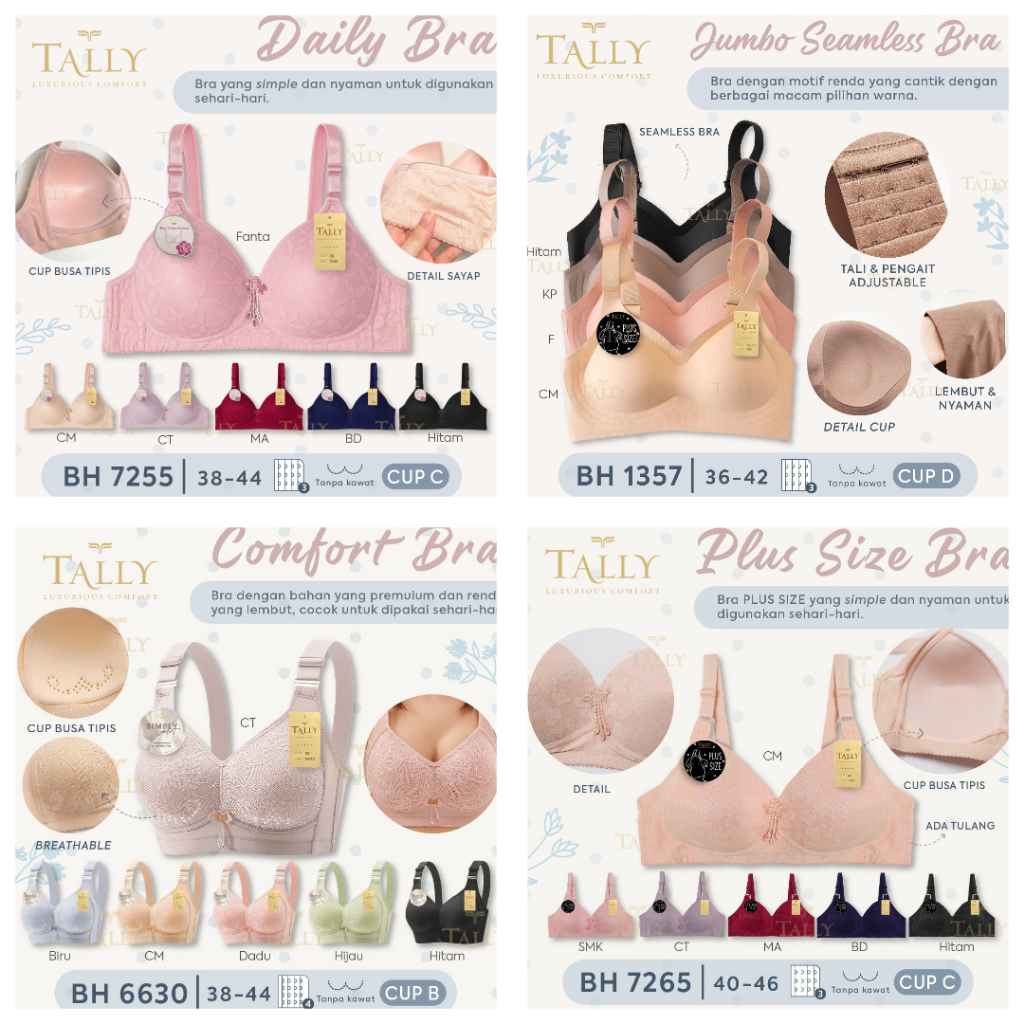 RVC75 - TALLY Bra JUMBO Busa Tipis Tanpa Kawat 36-46 Cup D Kait 3 dan 4 | BH Seamless BIG SIZE Under