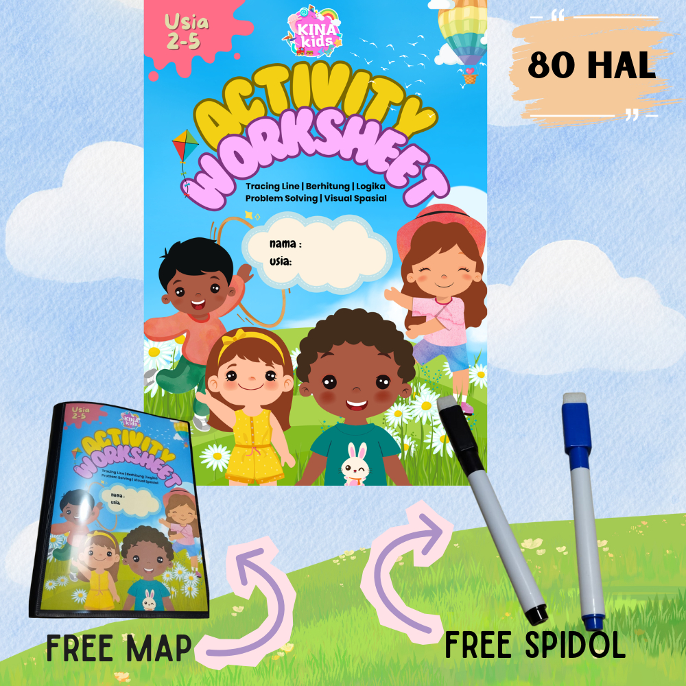 Buku Activity Worksheet Anak Wipe & Clean 80 Hal + Free Spidol & Map | Buku Edukasi PAUD TK 3–7 Tahu