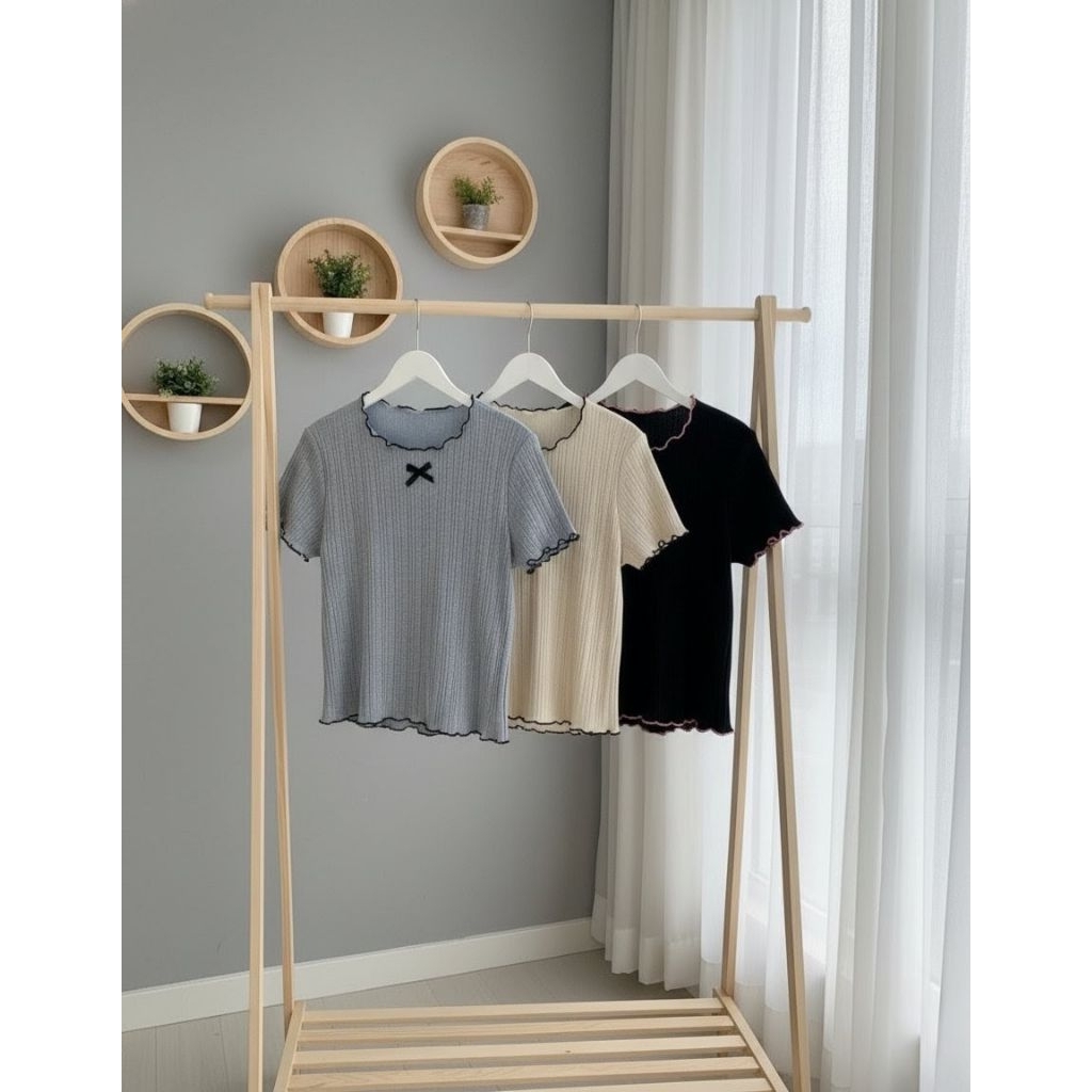 Atasan Anak Perempuan Rib Knit Korea Lengan Pendek | Kaos Anak Cewek Ruffle Pita Cute