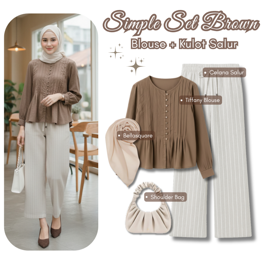 Set Remaja Kekinian Tiffany Blouse Polo Linen Brown & Kulot Salur Khaki Bella Square Hijab Biscuit O