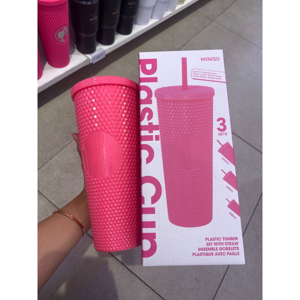 Miniso - Plastic Tumbler Set With Straw Pink isi 3pcs