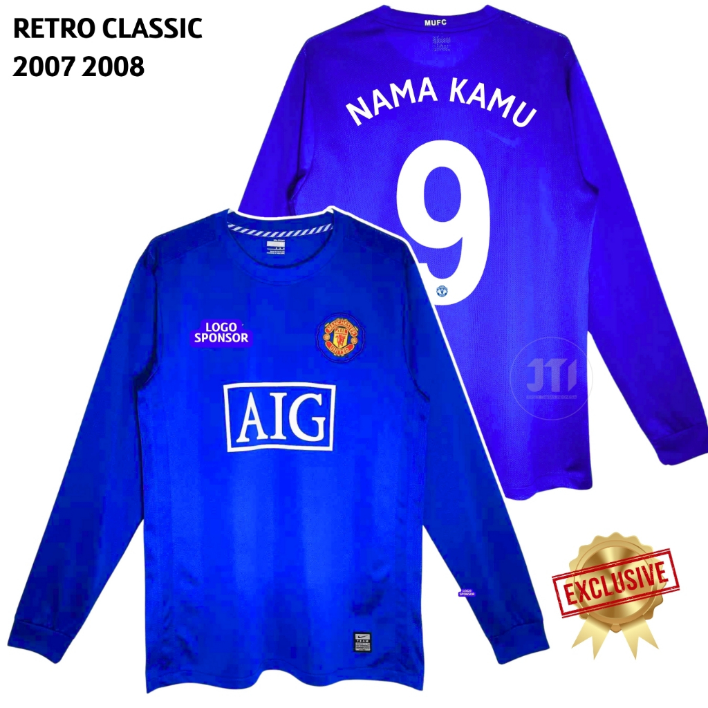 Longsleeve Jersey Retro Mnchstr Untd Away 2007 2008 LS Baju Bola Lengan Panjang Vintage MU Emyu Biru