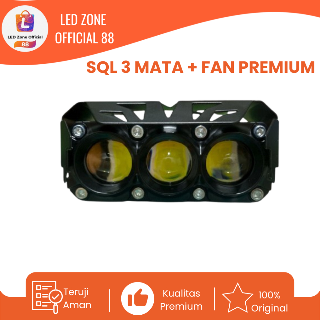 (LED ZONE 88)LAMPU TEMBAK SQL 3 MATA PREMIUM + KIPAS LAMPU SOROT LED MOTOR LED MOBIL PREMIUM