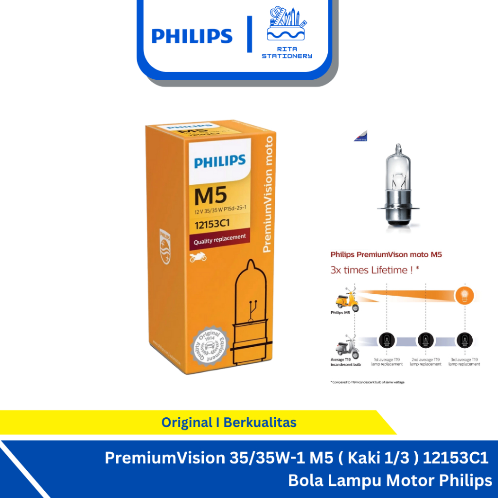 Philips Lampu Depan Motor 35Watt - M5 Kaki 1 / Kaki 3 Bola Lampu Premium Vision