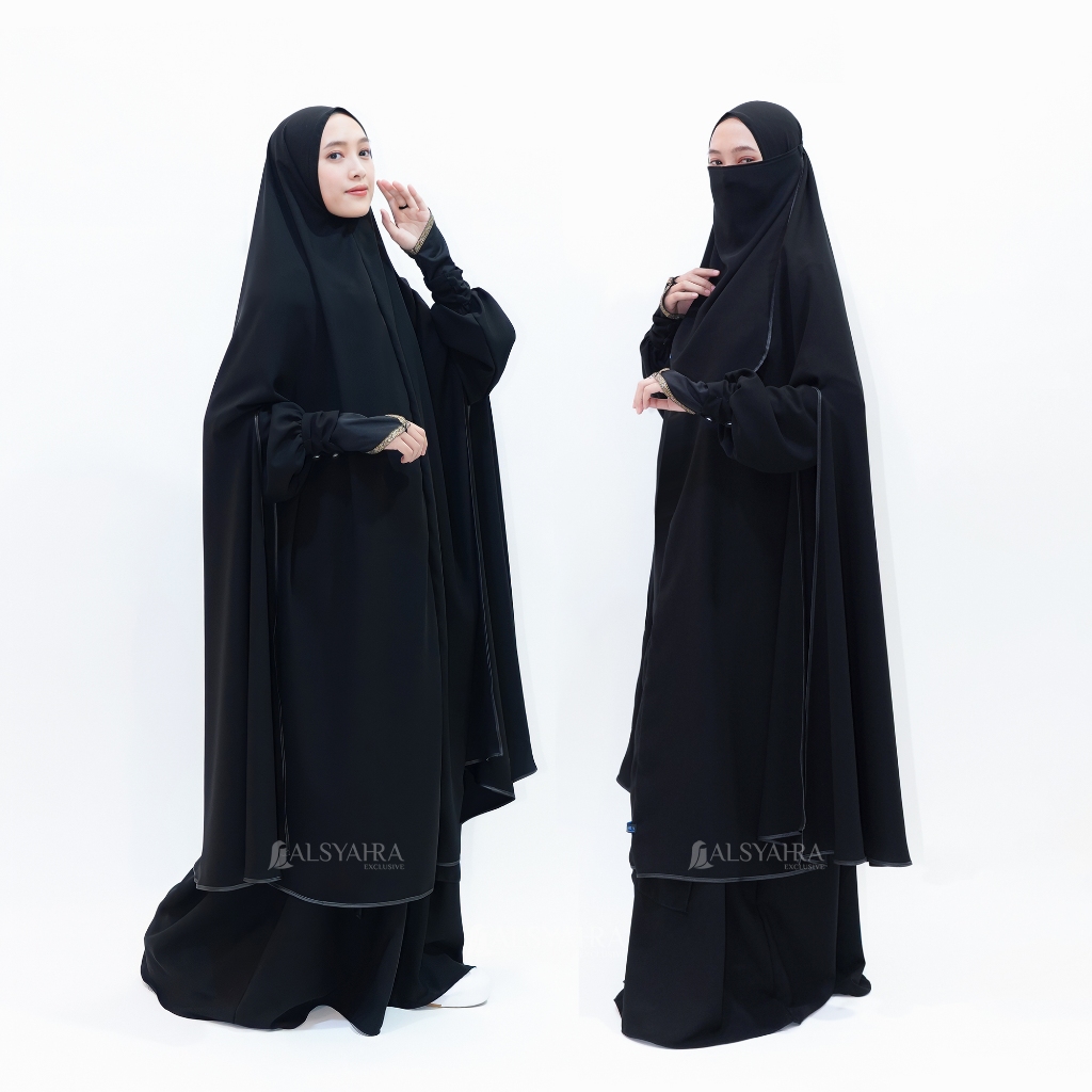 Alsyahra Exclusive - Set Long Khimar Like Mukena Handsplit Haramain Cadar Tali Jetblack