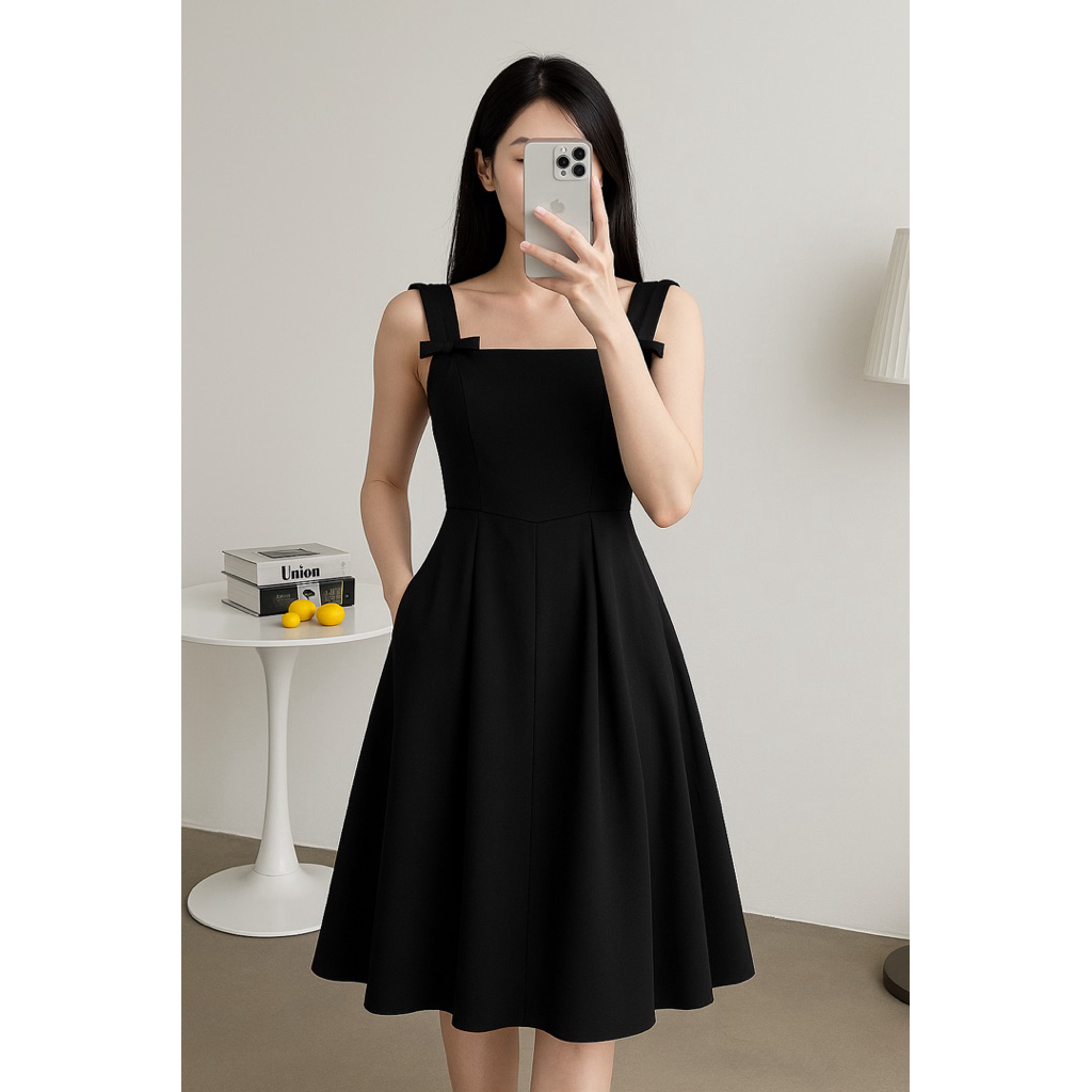 EMITA BLLOM long dress hitam polos lengan pendek wanita kekinian korean style lebaran 2025 gaun kond